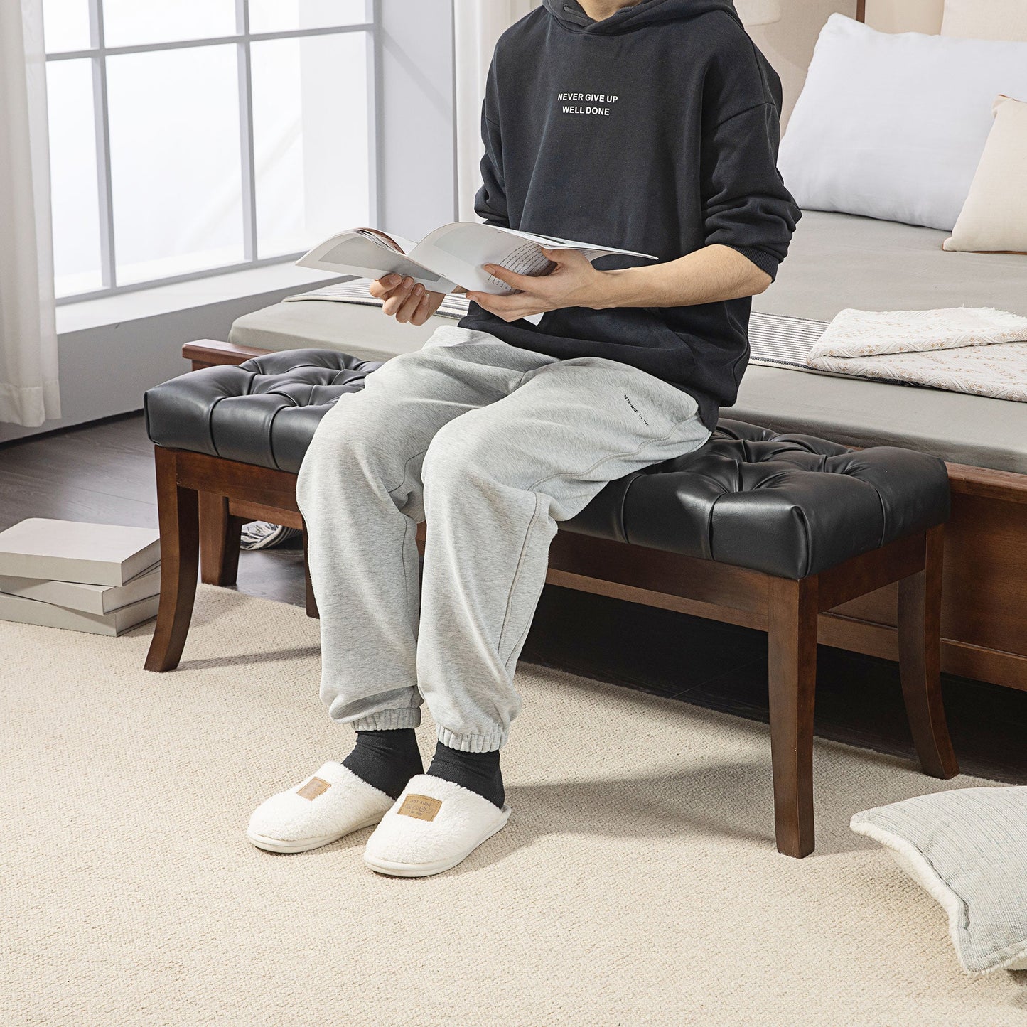 Upholstered Bed End Bench with Button Design and Curved Legs, PU Leather and Wood, 120x38x46 cm, Black