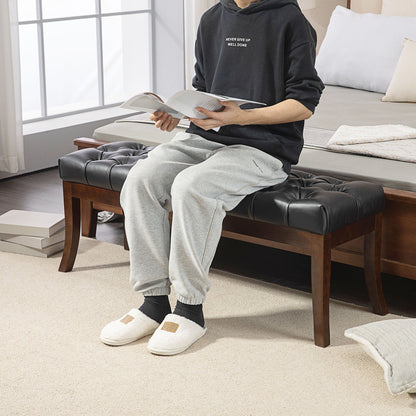 Upholstered Bed End Bench with Button Design and Curved Legs, PU Leather and Wood, 120x38x46 cm, Black