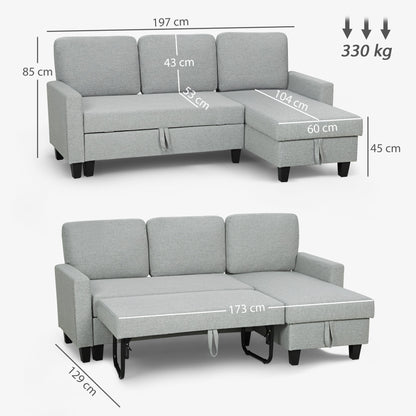 3-Seater Sofa Bed with Chaise and Storage Space, Linen-Effect Fabric, 197x129x85 cm, Grey and Black