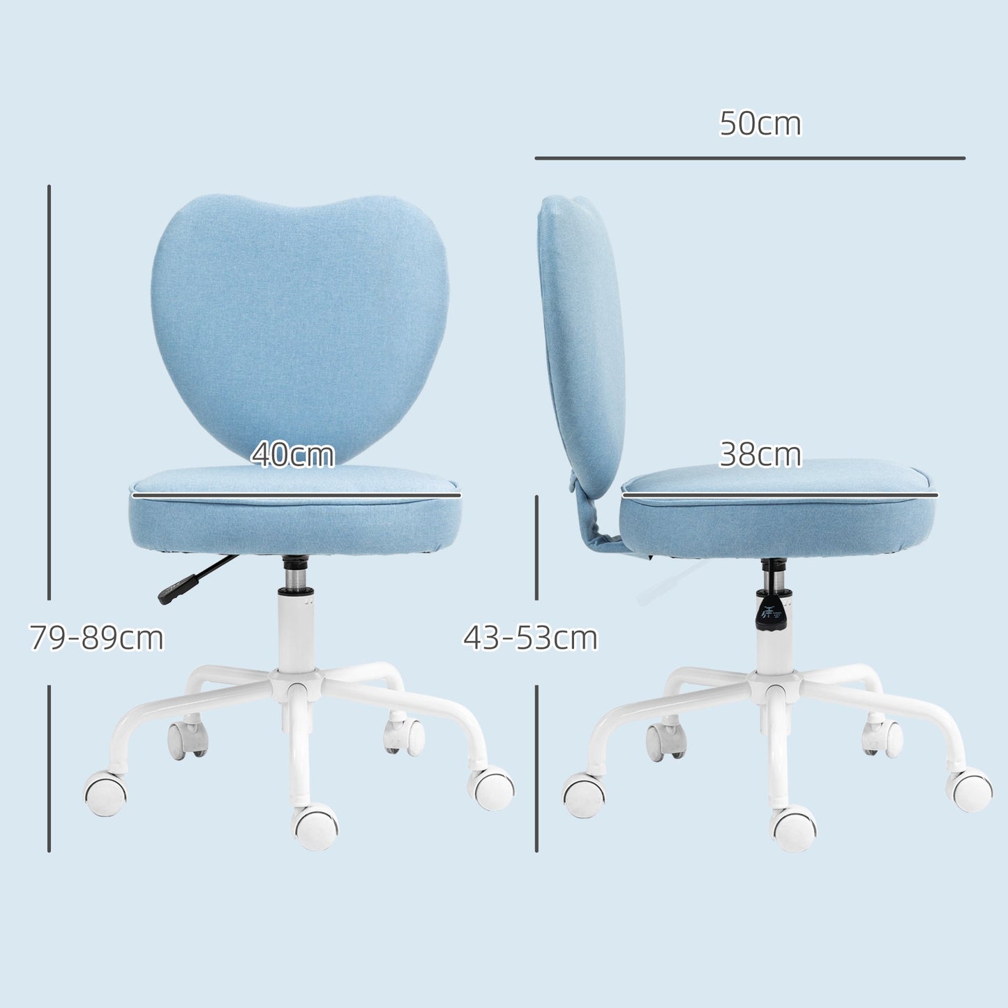 Heart-Shaped Desk Chair with 5 Wheels and Adjustable Height in Fabric, 40x50x79-89cm, Blue