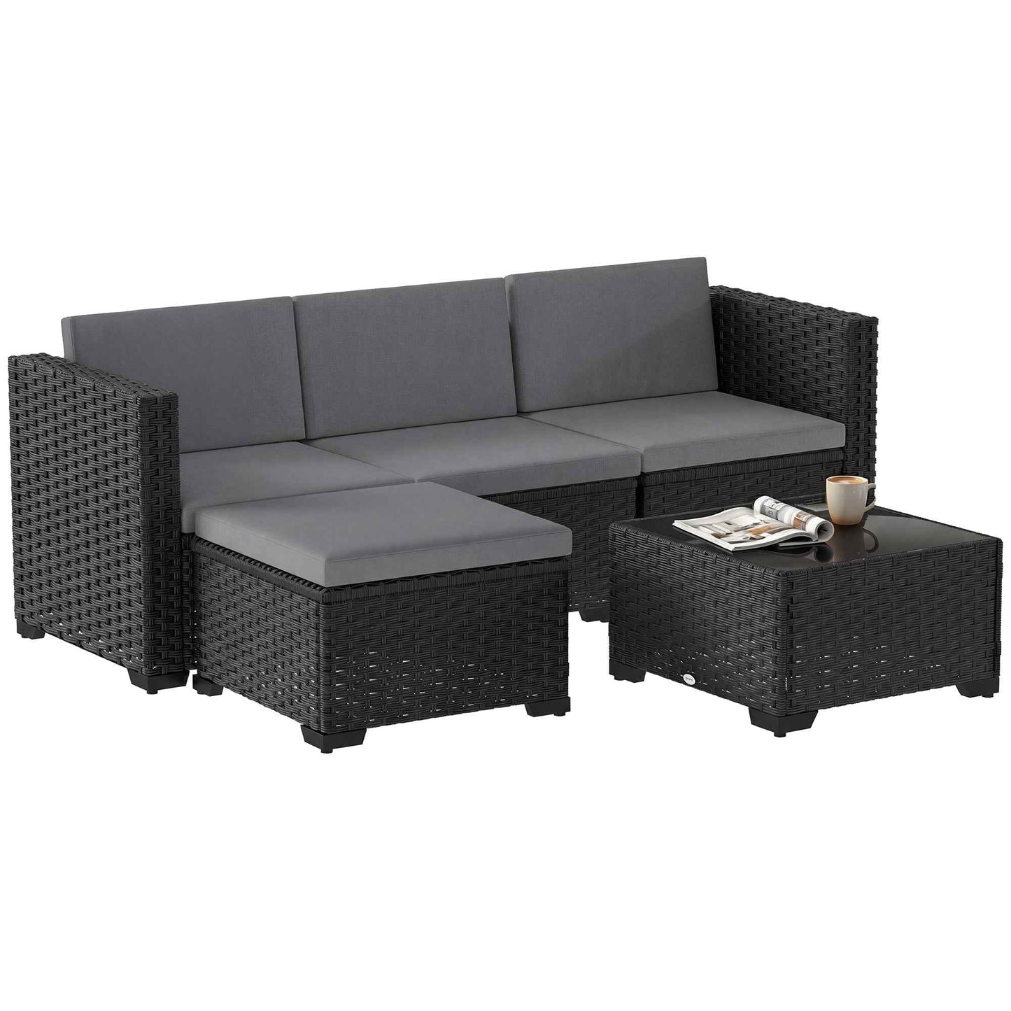 5-Piece Modular Garden Set with Footrest and Coffee Table, in Grey PE Rattan
