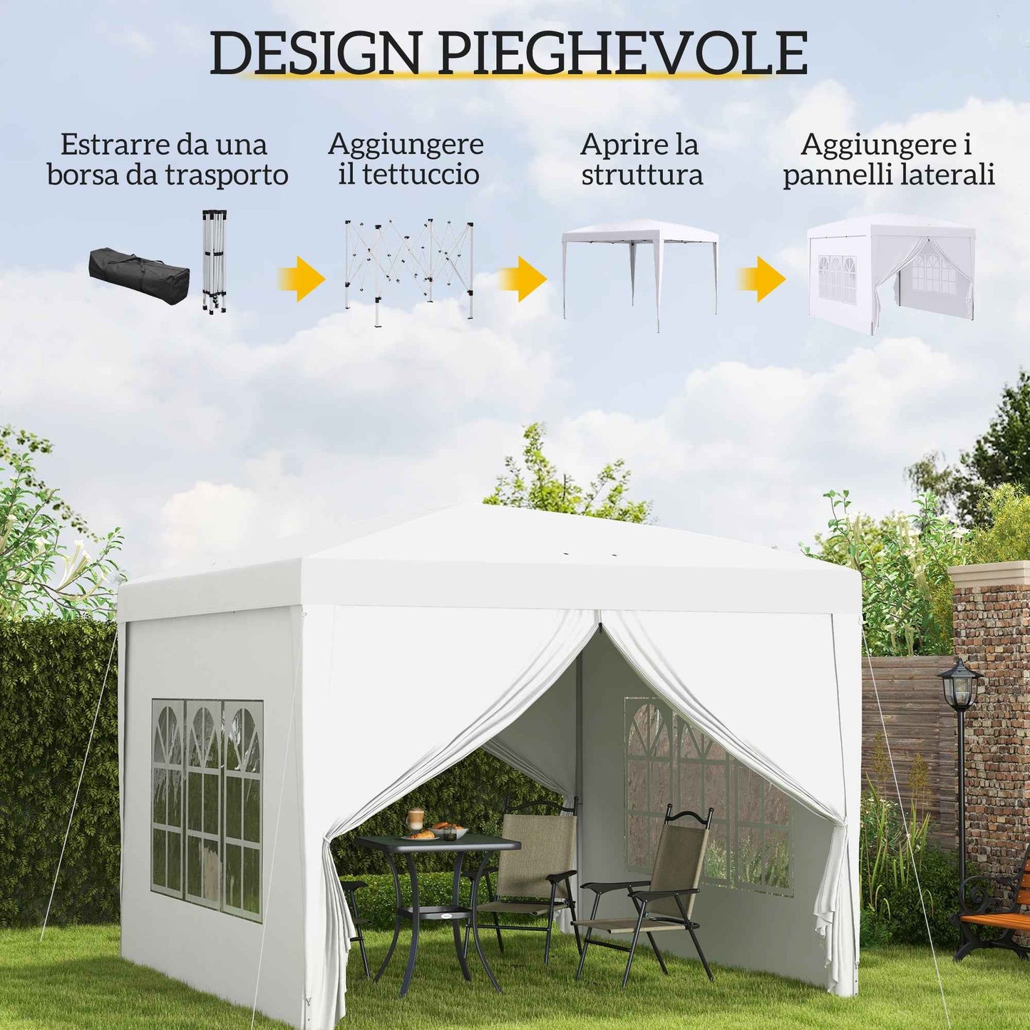 3x3m Folding and Waterproof Gazebo with Side Panels, Steel and Oxford Fabric, White