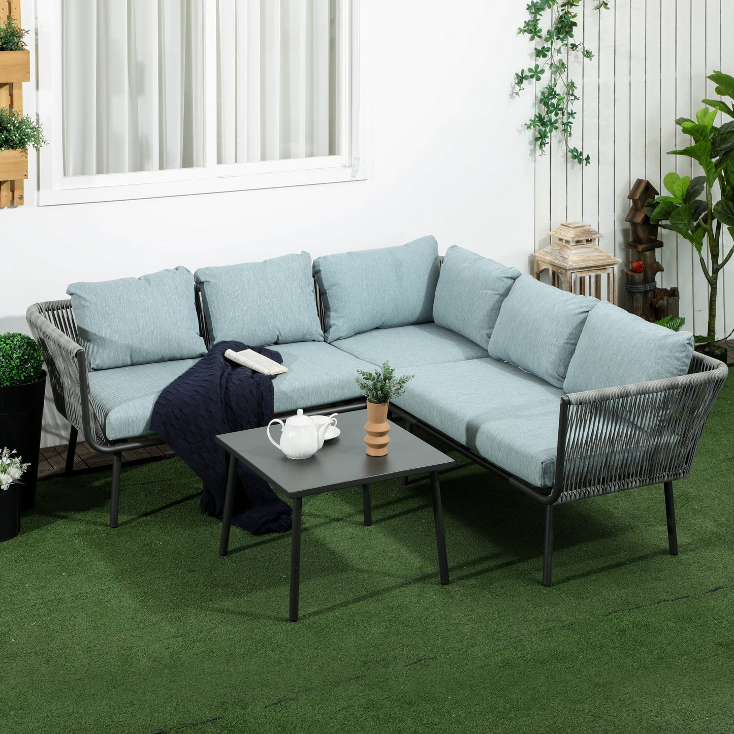 4 Piece Rattan Garden Set with Coffee Table, 2 Corner Sofas and Armchair, Black Grey and Blue