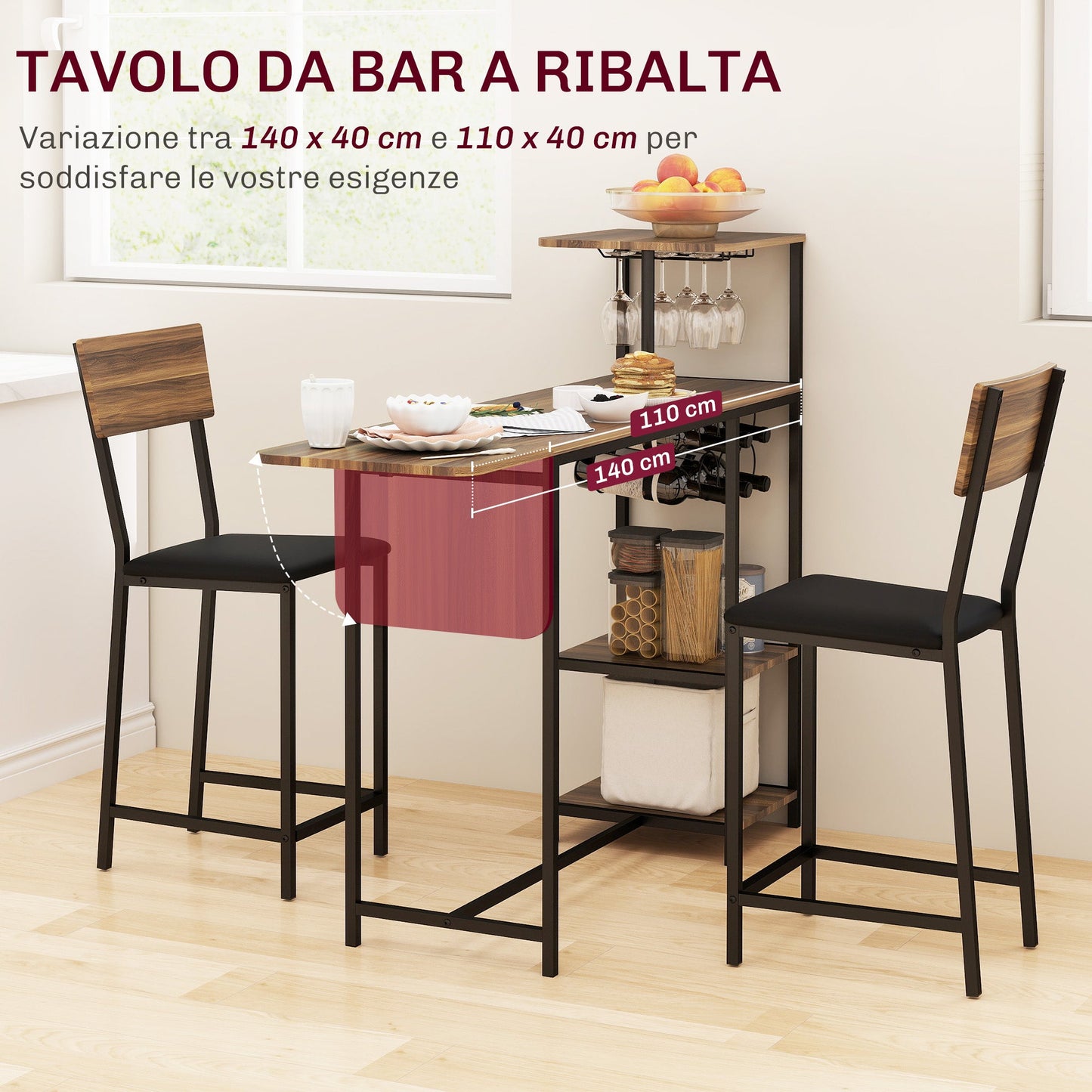 Folding Bar Counter and 2 High Stools with Backrest, Wine Rack and Glass Holder, Brown
