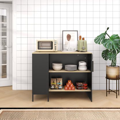 Kitchen Island with Shelves, Knife Holder and Sliding Door Cabinet, 14.5x70x90cm, Black