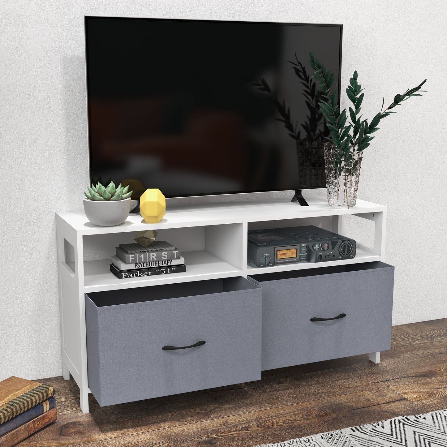 45" max TV Stand in MDF and Non-Woven Fabric with 2 Drawers and 2 Shelves, 100x30x53 cm, White and Grey