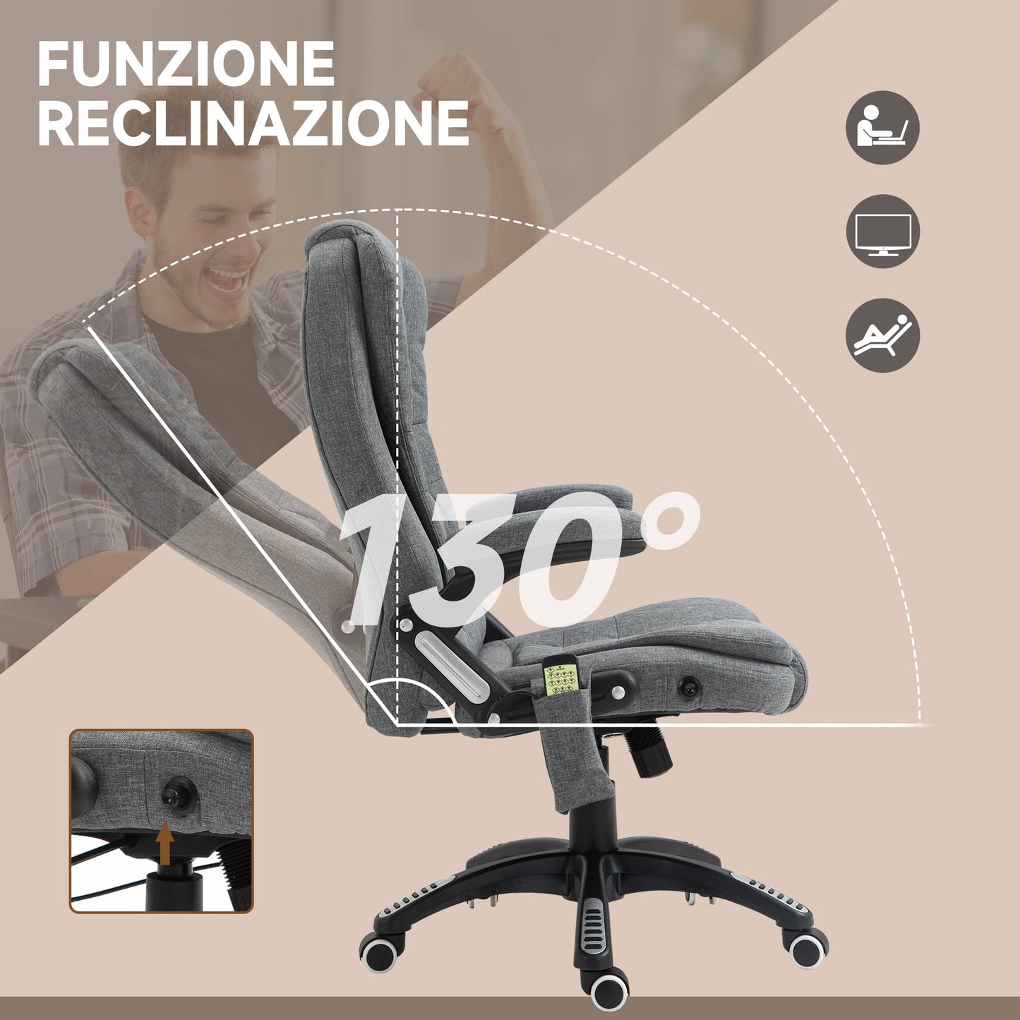 6-Point Vibration Massage Office Chair with Rocking Function and Heat, Reclining Office Chair with Adjustable Height, Remote Control and Side Pocket in Fabric, Grey