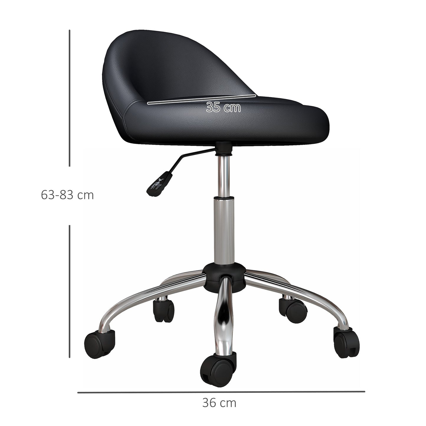 Stool with Wheels, Swivel Seat, Adjustable Height and PU Faux Leather Upholstery, Black