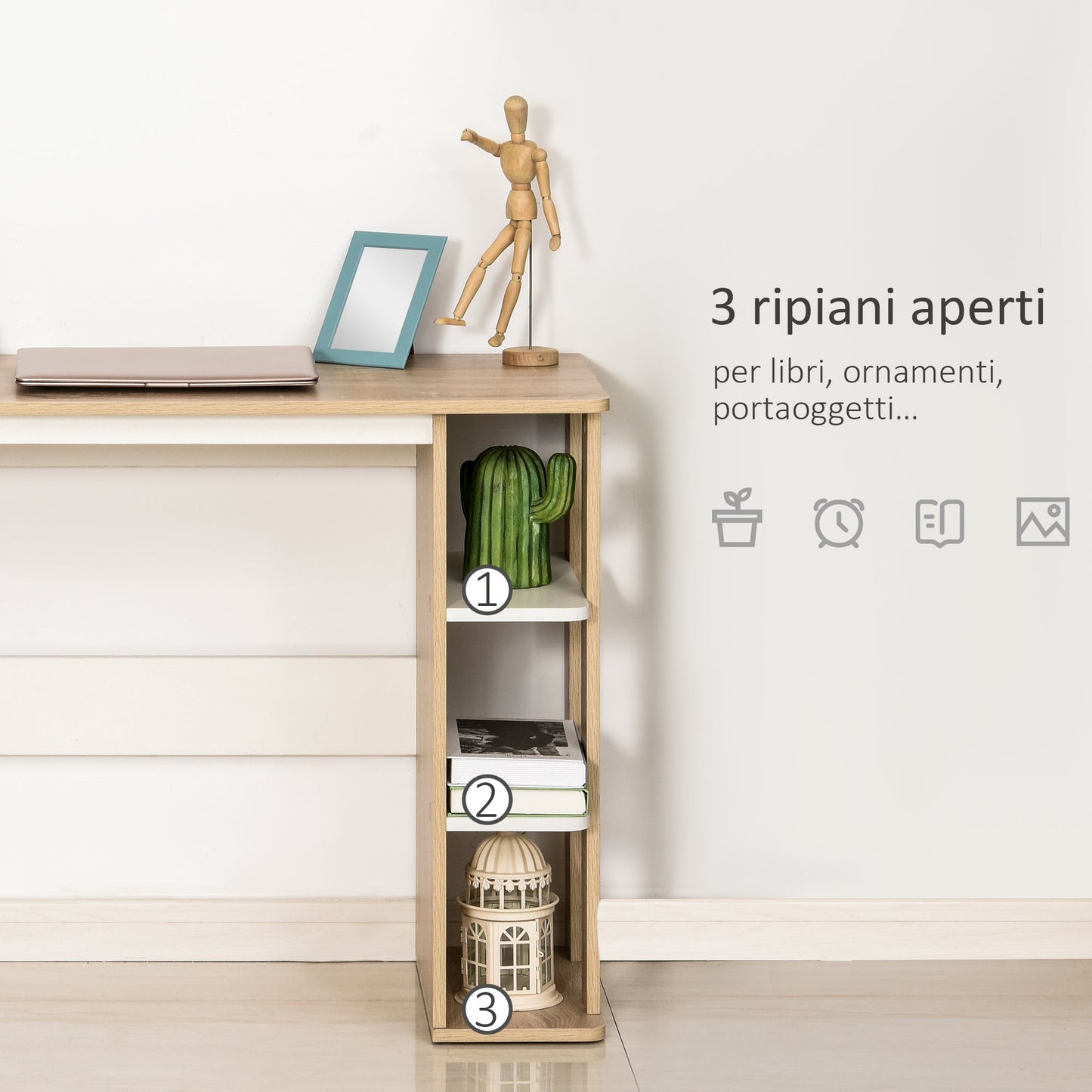 Modern Wooden Desk with 3-Tier Bookshelf, 100x44x74cm, White and Oak