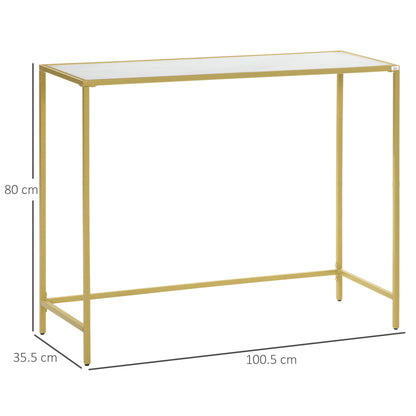 Console Table for Entrance in Steel and Tempered Glass, 100x35.5x80cm, White and Gold