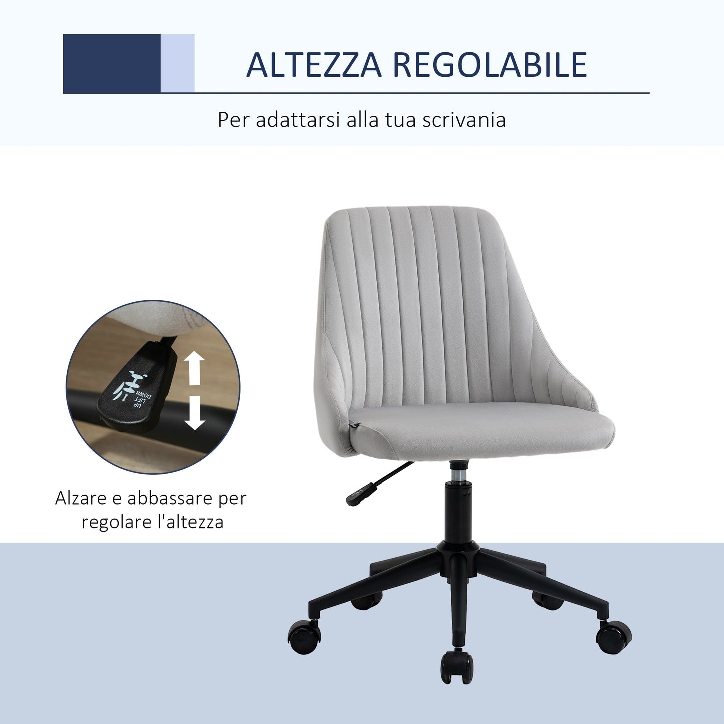 Grey Velvet Office Chair with Adjustable Height, Ergonomic 360° Swivel Chair with Wheels, 50x58x77-87cm