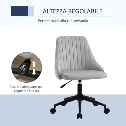 Grey Velvet Office Chair with Adjustable Height, Ergonomic 360° Swivel Chair with Wheels, 50x58x77-87cm