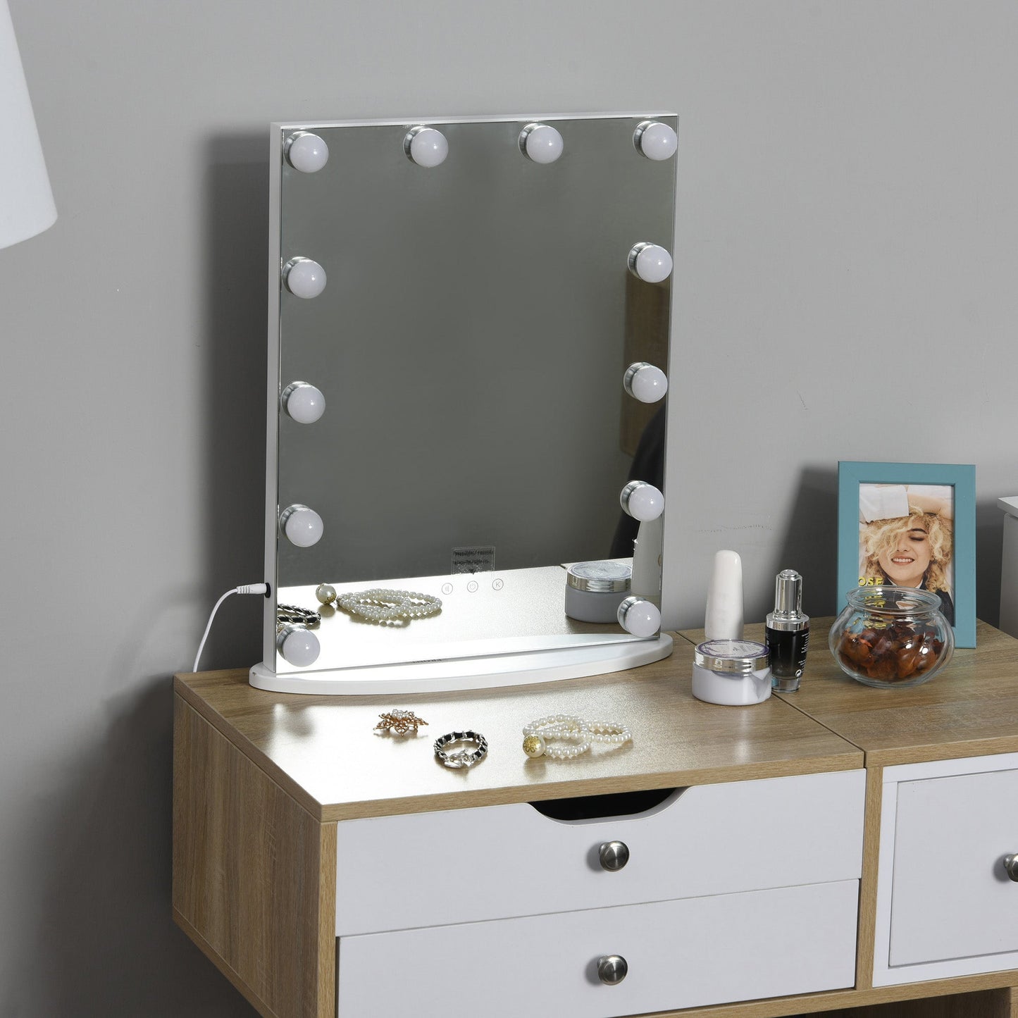 Hollywood Mirror with Lights for Makeup Dressing Table, Lighted Vanity Mirror with 12 Dimmable LED Bulbs and USB Plug in Power Supply, White