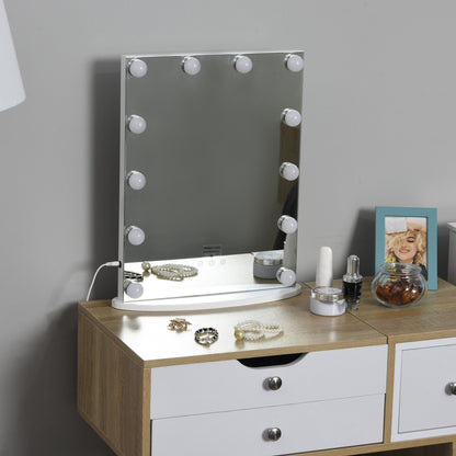 Hollywood Mirror with Lights for Makeup Dressing Table, Lighted Vanity Mirror with 12 Dimmable LED Bulbs and USB Plug in Power Supply, White