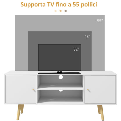55" max TV Stand with 2 Cabinets and 2 Open Shelves, in Wood and Chipboard, 120x34x50 cm, White