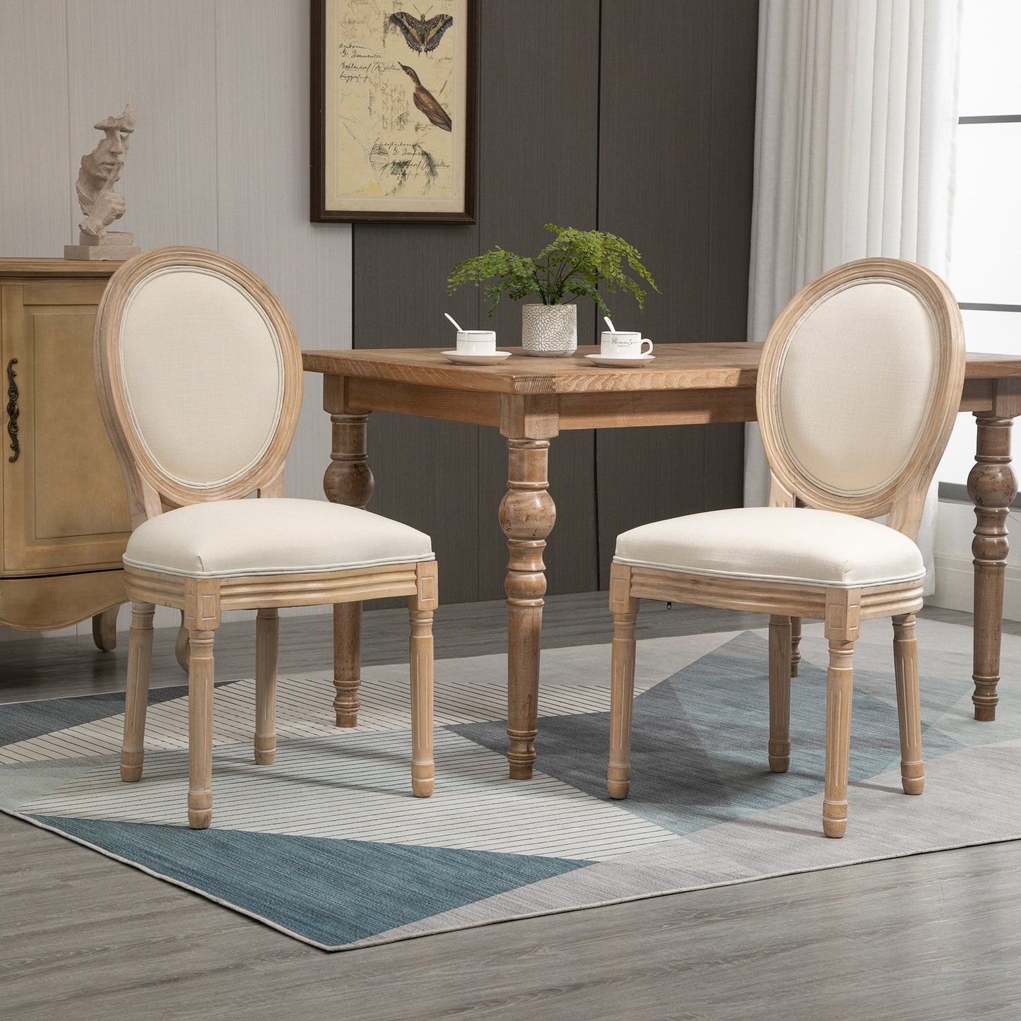 Set of 2 Padded Dining Chairs, Vintage Retro Style Living Room Chairs in Wood and Linen Effect Fabric Cream White 49x56x96cm