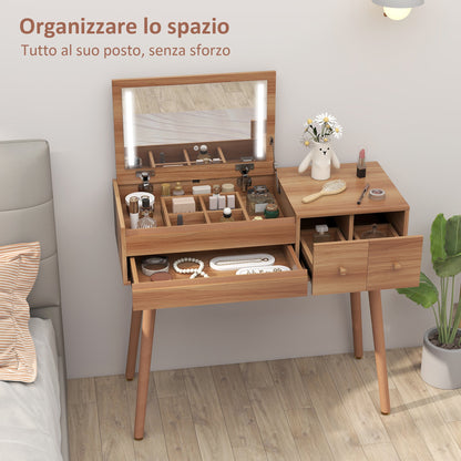 Wooden Dressing Table with LED Mirror and Storage, 100x40x87 cm