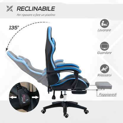 Gaming Chair with Adjustable Height and Reclining Backrest, 65x65x121-129 cm, Blue and Black