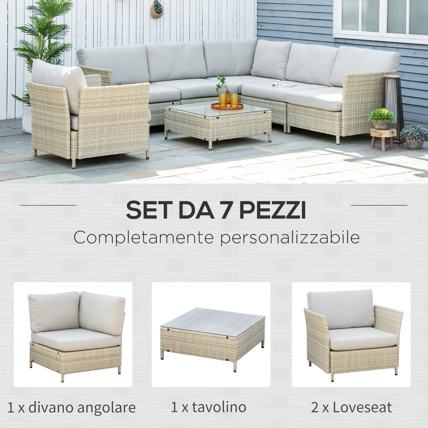 SOFIJA  - 7 Piece Modular PE Rattan Garden Lounge Set with Cushions, Beige