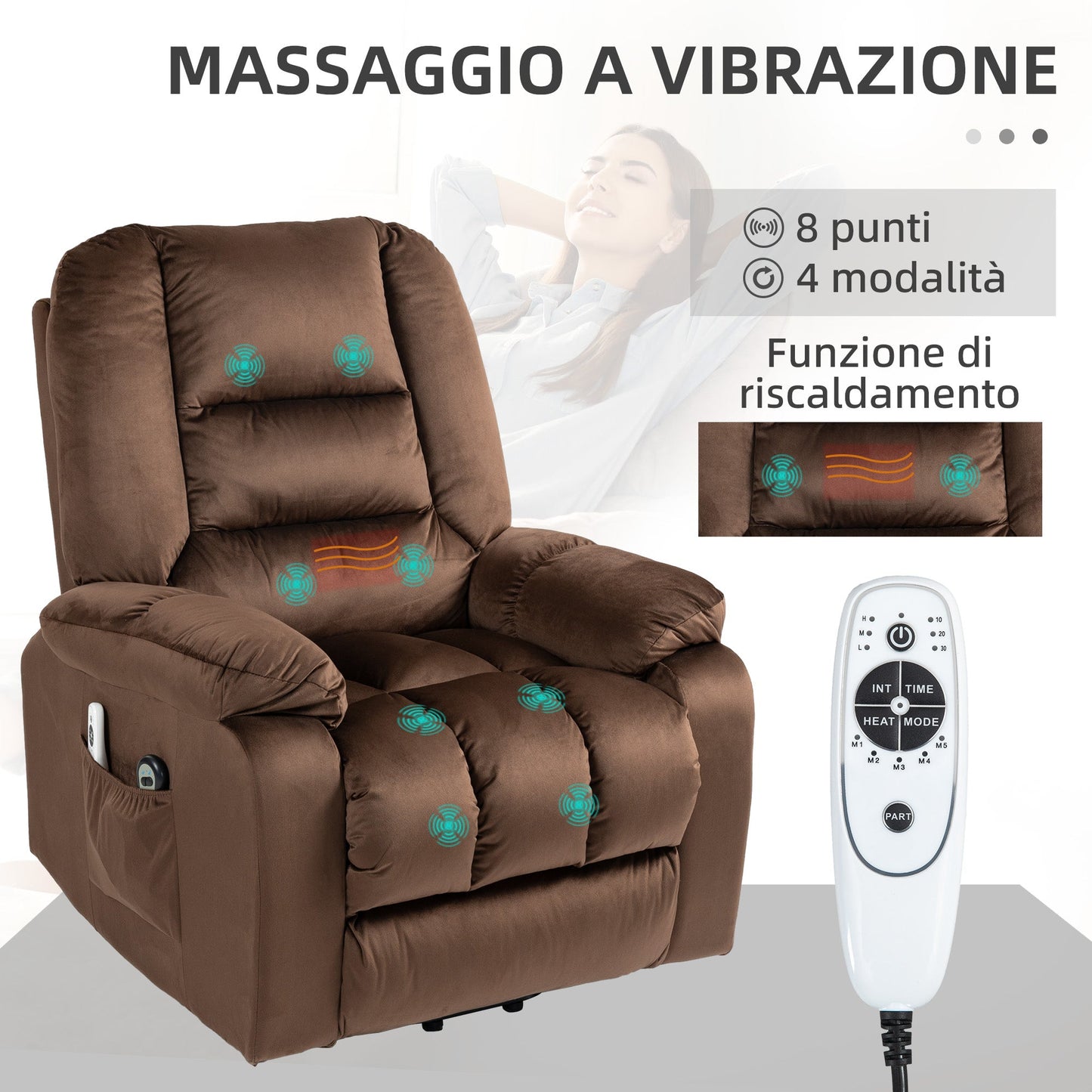 Lift Reclining Relax Chair, Massage and Heated in Velvet, Brown