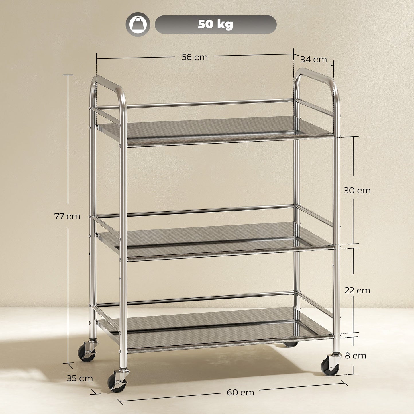 4-Tier Utility Cart with Adjustable Center Shelf and Raised Edges, Stainless Steel, 60x35x77 cm