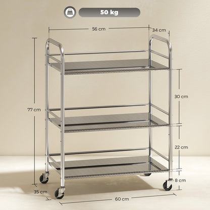4-Tier Utility Cart with Adjustable Center Shelf and Raised Edges, Stainless Steel, 60x35x77 cm