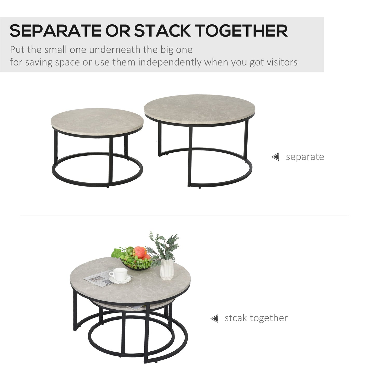 Set of 2 Round Nesting Coffee Tables in Metal and MDF with Marble Effect, Grey and Black