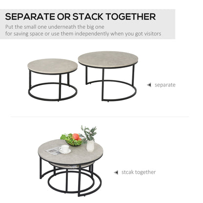 Set of 2 Round Nesting Coffee Tables in Metal and MDF with Marble Effect, Grey and Black