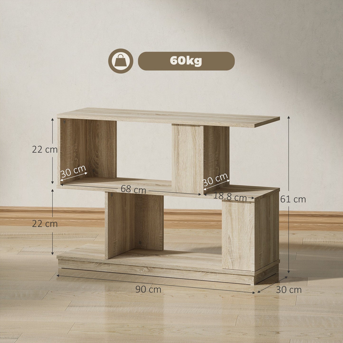 Modern S-Shaped Coffee Table with 3 Shelves for Living Room and Lounge, 90x30x61 cm, Wood