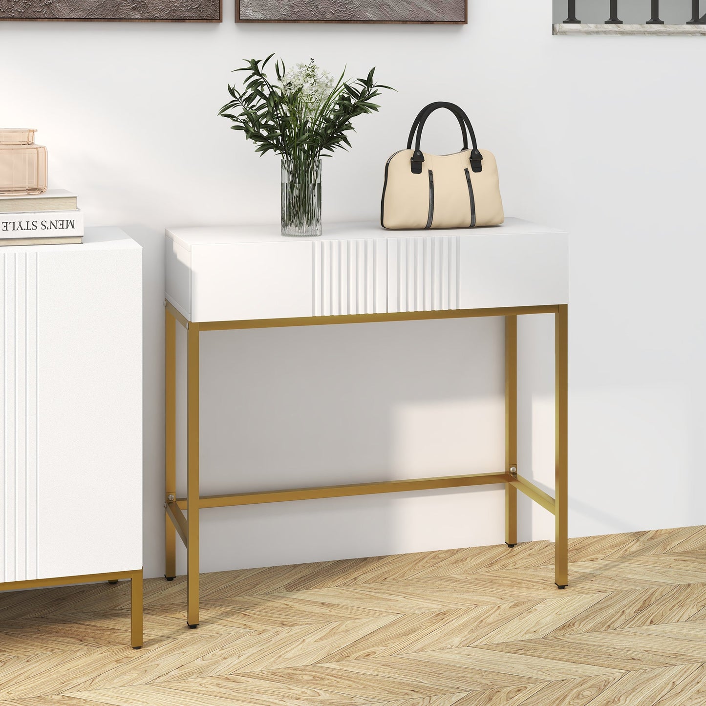 Modern Entryway Console Table with 2 Drawers and Golden Legs, 80x31.5x75cm, White