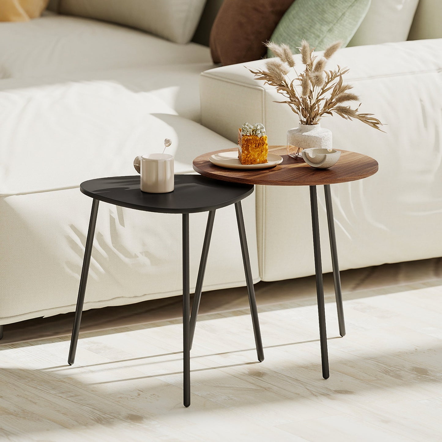 Set of 2 Stackable Coffee Tables with Metal Frame for Living Room and Office, Walnut and Black