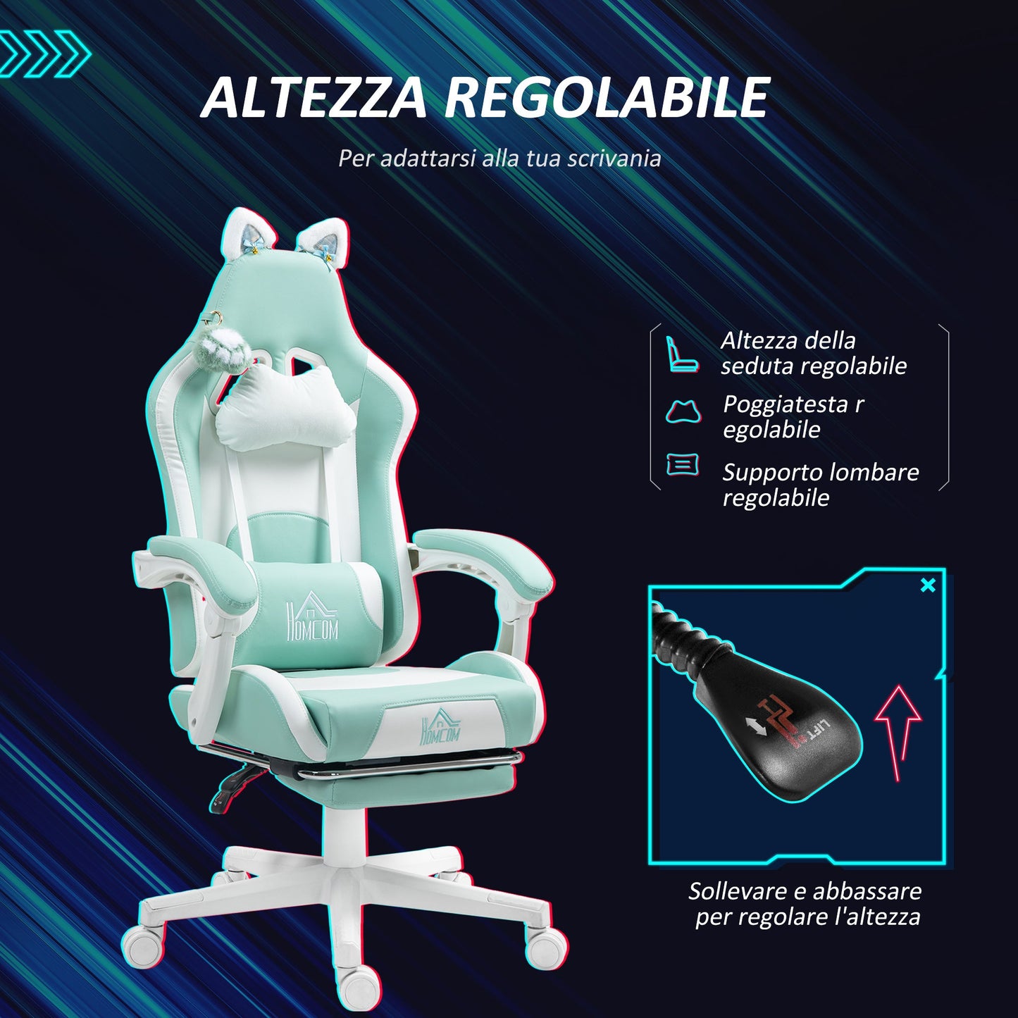 Reclining Gaming Chair with Footrest and Cushions, Faux Leather and Sponge, 65x62x116-124 cm, White and Blue