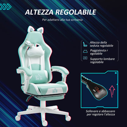 Reclining Gaming Chair with Footrest and Cushions, Faux Leather and Sponge, 65x62x116-124 cm, White and Blue