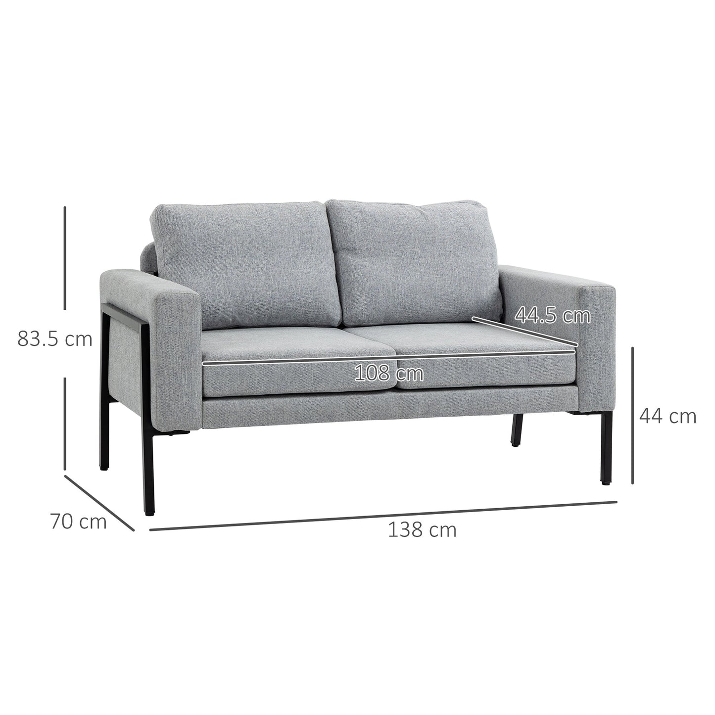 2 Seater Sofa in Linen Effect Fabric with Steel Legs and Padded Cushions, 138x70x83.5 cm, Grey