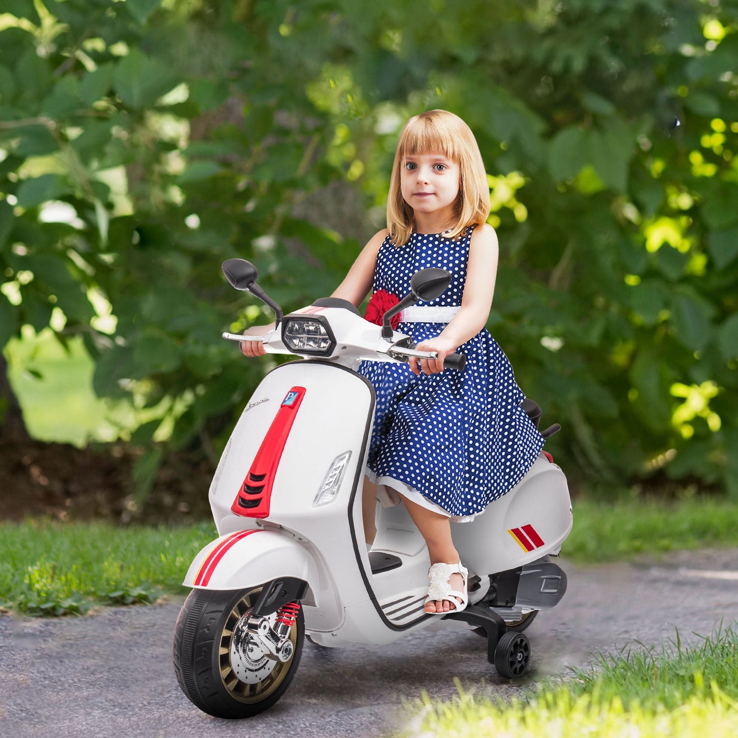 Licensed Children's Electric Motorcycle Vespa with Wheels, Headlight and Music, in PP and Metal, 107x47x73 cm, White