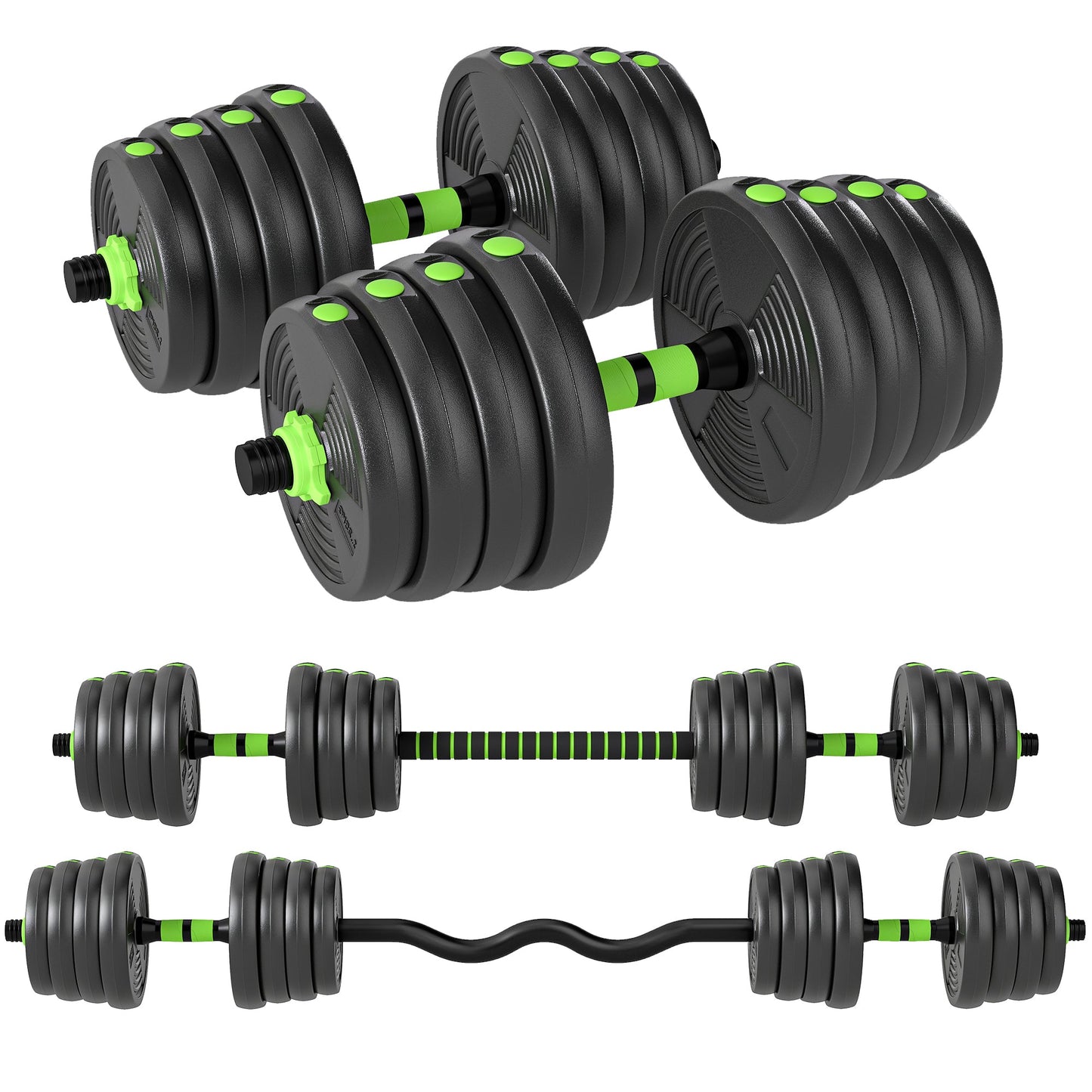 3-in-1 Barbell Set with 16 Weight Plates and Non-Slip Handle, 140x22x22 cm, Green
