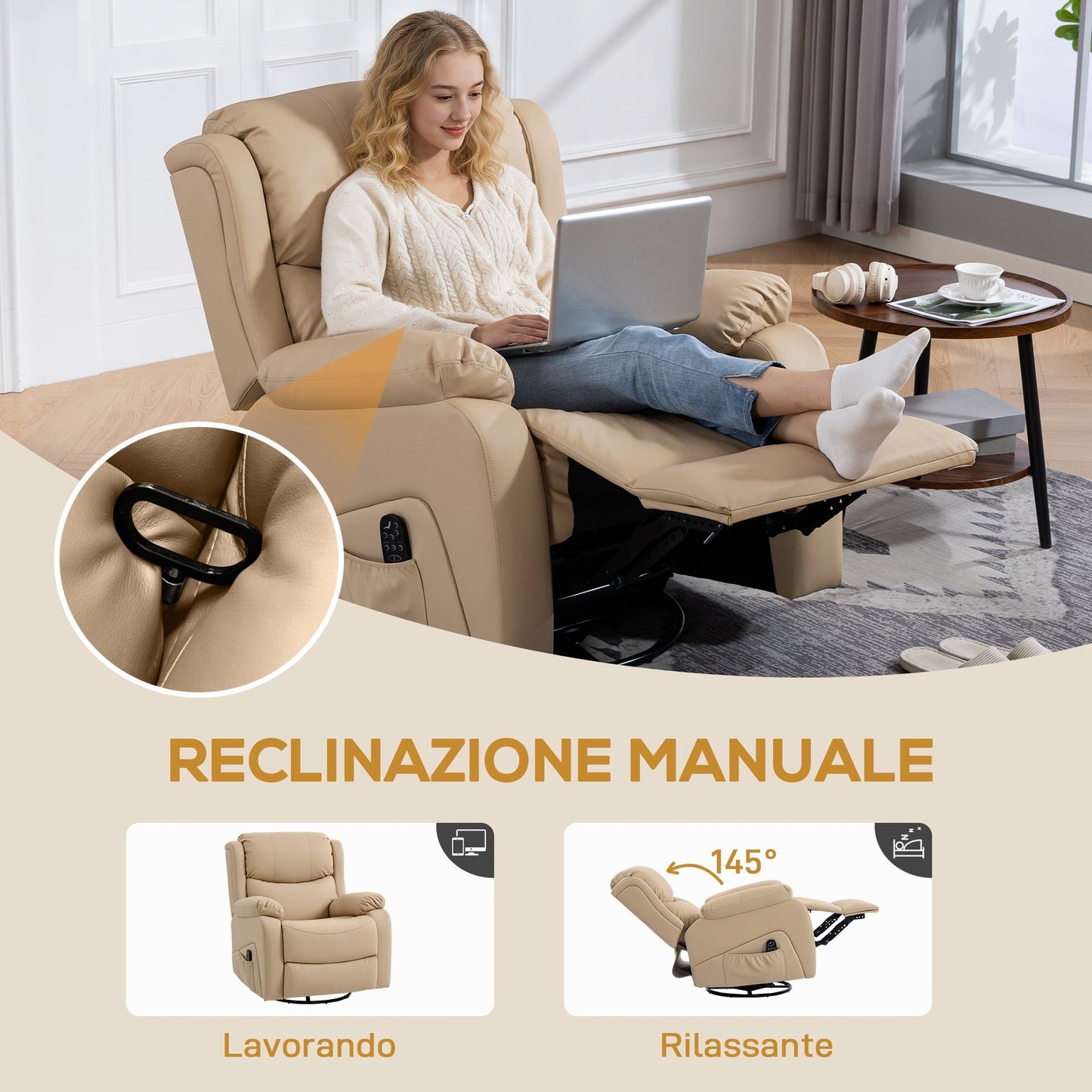 Reclining Relaxing Chair with 8 Massage Points, Heating and Footrest, 87x97x100 cm, Beige