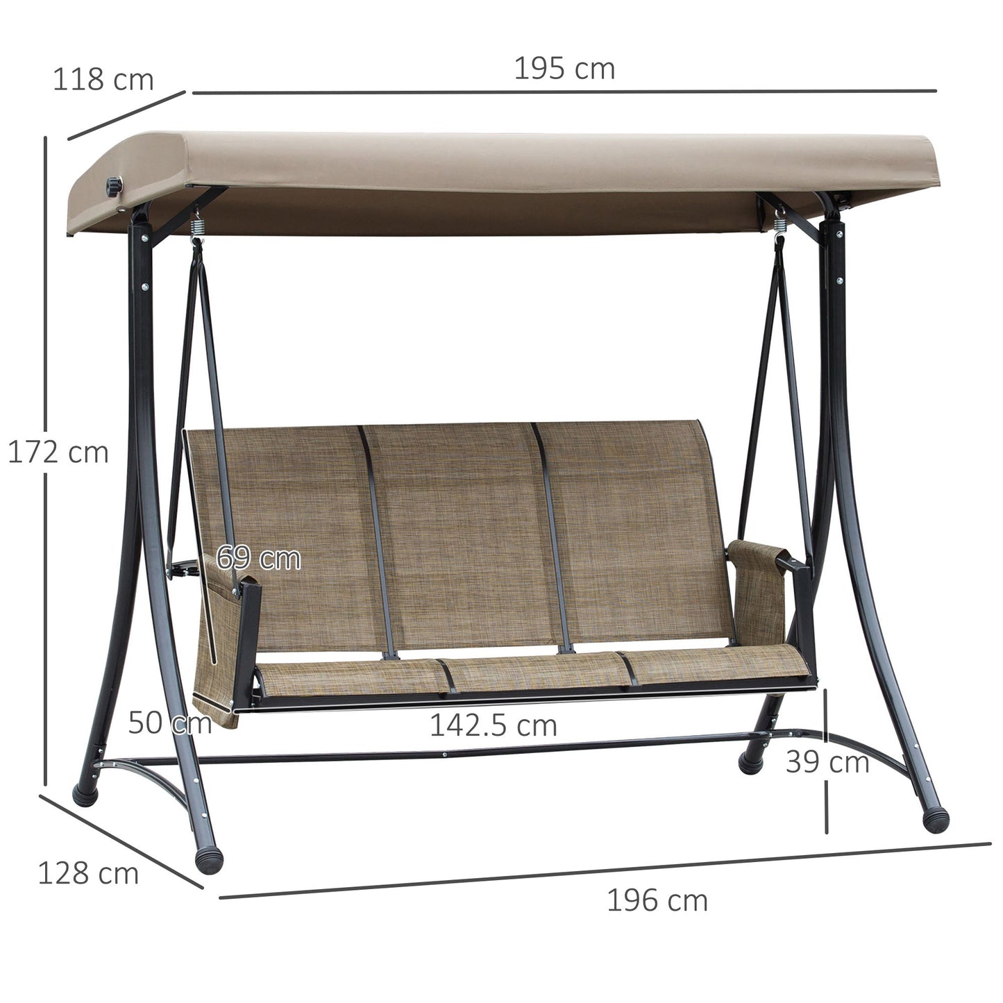 3-Seater Garden Swing with Adjustable Canopy and Storage Pockets, Brown, 196 x 128 x 172 cm