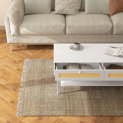 Boho Coffee Table with 2 Drawers and Shelf, Rattan and Chipboard, 120x50x50 cm, White and Wood Color