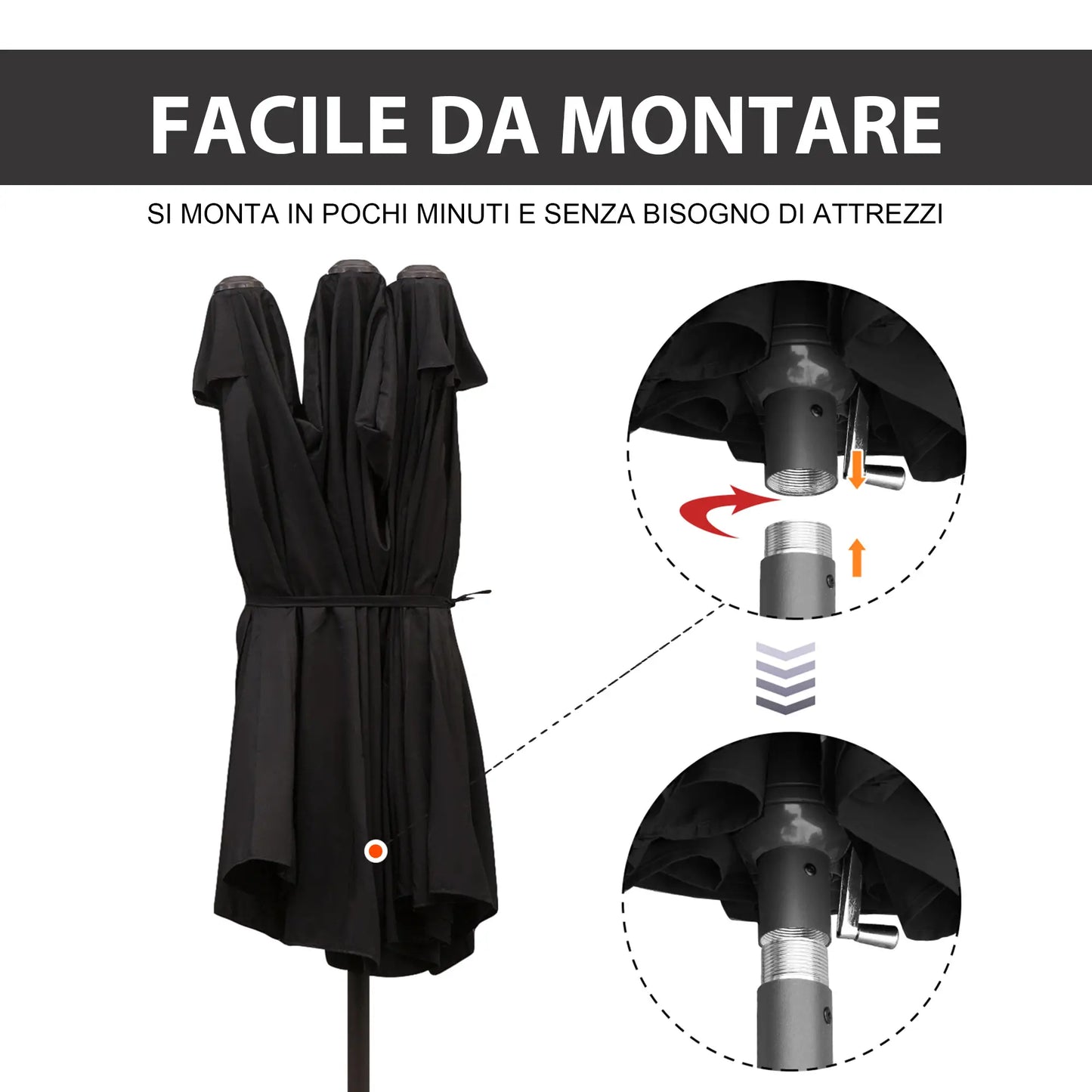 Double Garden Umbrella with Crank Opening, in Steel and Polyester, 460x270x240 cm, Black