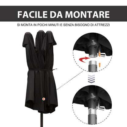 Double Garden Umbrella with Crank Opening, in Steel and Polyester, 460x270x240 cm, Black