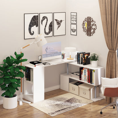 Modern Corner Swivel Desk with Bookcase, White Chipboard Dining Table, 140x120x78 cm