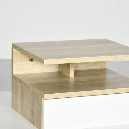Set of 2 Floating Bedside Tables with Drawer and Top Shelf, Wooden, 35x32x22.5 cm, White and Oak