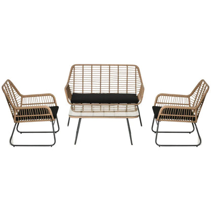 Boho Style PE Rattan Garden Furniture Set with 2 Armchairs, Sofa and Coffee Table