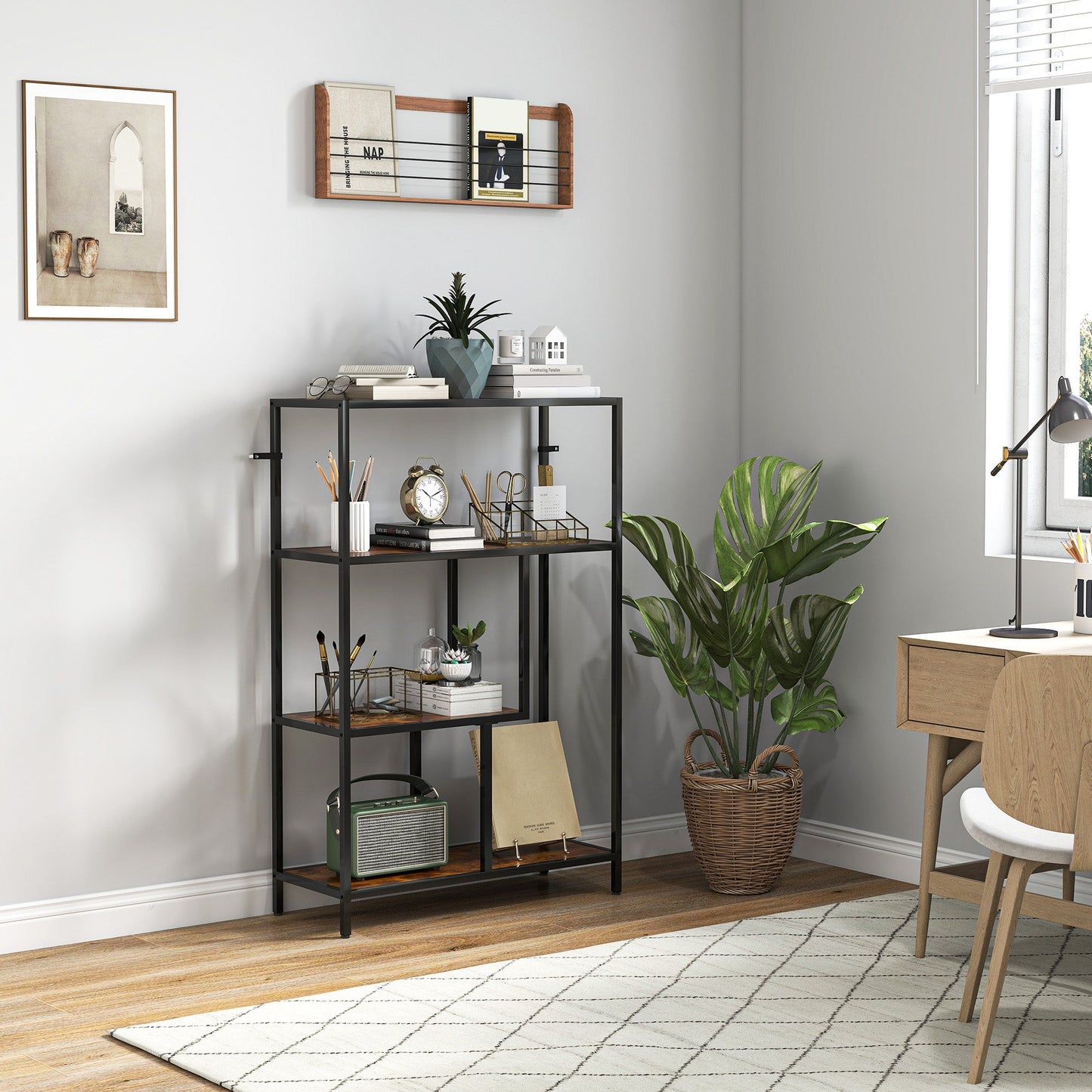 Industrial Style 4-Tier Bookcase in Wood and Metal, 77x30x116 cm, Rustic Brown