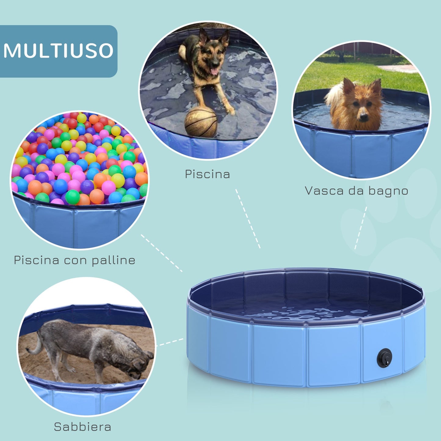 Foldable Plastic Dog Pool with Stable Edge for Pets, Ø80 x 20 cm, Blue