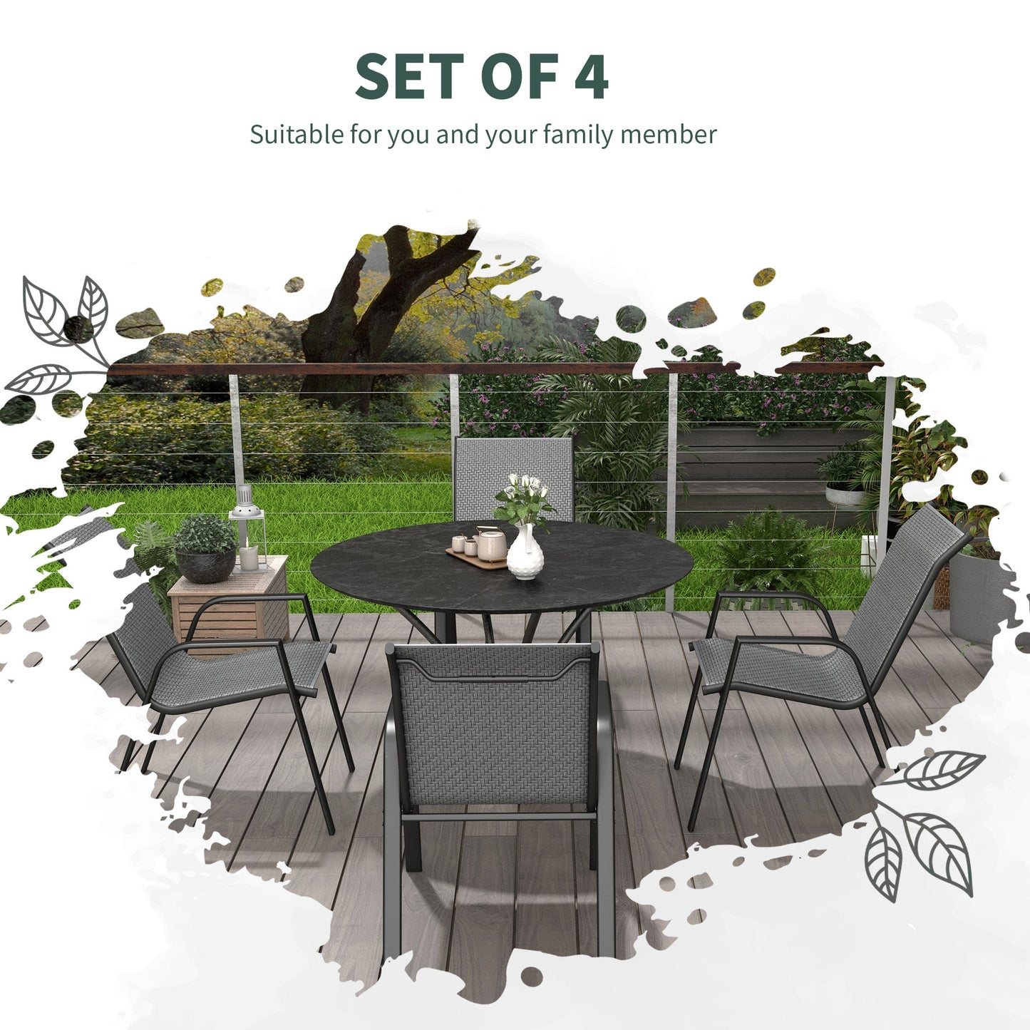 Set of 4 Stackable Garden Chairs with Armrests in PE Rattan and Steel, Grey
