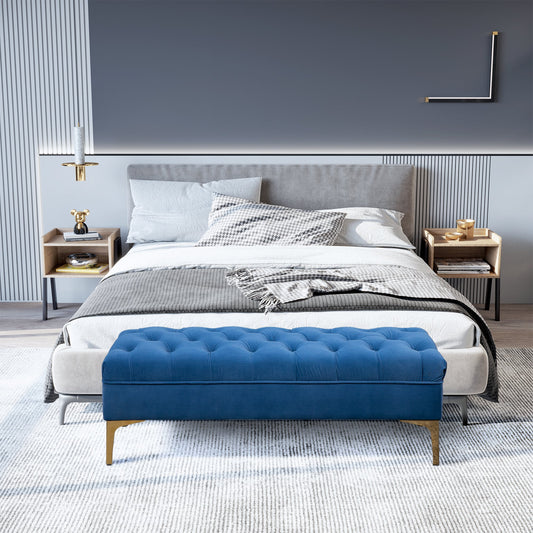 Upholstered Bench Bed Base in Velvet Fabric and Gold Metal Base, 118x45x42 cm, Blue