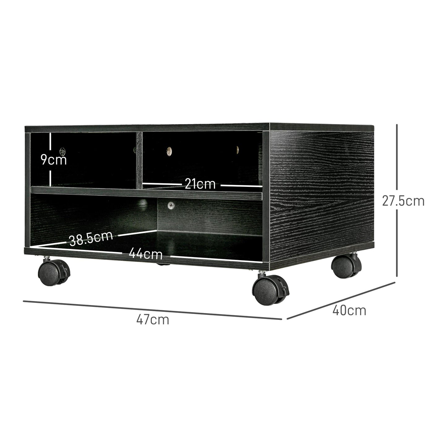 2-Tier Wooden Printer Stand with Wheels for Office and Study, 47x40x22.5cm, Black