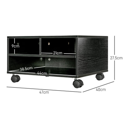 2-Tier Wooden Printer Stand with Wheels for Office and Study, 47x40x22.5cm, Black